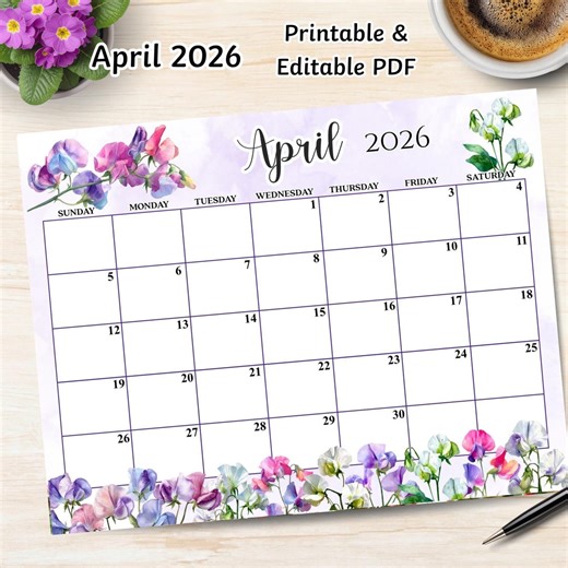 April Birth Month Flower Calendar, PDF Editable, Spring Floral Printable Planner, 2026 Digital Calendar, Instant Download - Etsy