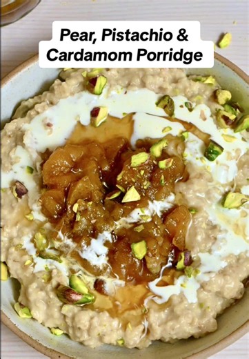 Pear, Pistachio & Cardamom Porridge 🍐 The cosiest, most warming breakfast bowl. Lightly spiced, creamy, nutty, sweet, and super decadent. RECIPE For the porridge * 100g of oats * 1/2 cup plant milk * 1/2 cup water * 1 tbsp pistachio butter (Rhythm 108) * 3 cardamom pods For the pear compote * 2 pears, cubed * 2 tbsp maple syrup * 3 cardamom pods * 1 tsp vanilla extract * 1 tsp lemon juice * 2 tbsp water For the toppings * vegan cream * crushed pistachios * pear compote #breakfast #porridge #pea