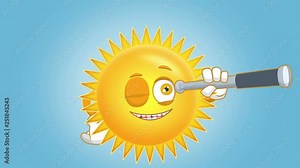 Cartoon Cute Sun Look Through Telescope with Face for Kids Animation with Alpha Matte