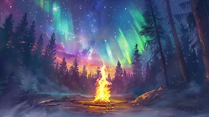 Download Camp fire in wilderness forest night on Aurora borealis, northern lights over bonfire in winter forest background. for free