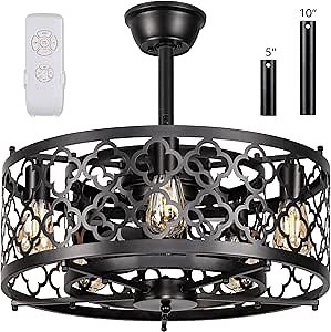 SUNVIE Caged Ceiling Fan with Lights Remote Control 21in Industrial Bladeless Enclosed Ceiling Fan Light with Reversible Motor for Bedroom Kitchen Living Room 5 E26 Base(No Bulb)