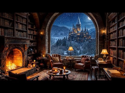 Winter Wizard Library ❄📚 Cozy Private Study with View of a Harry Potter–Style Castle