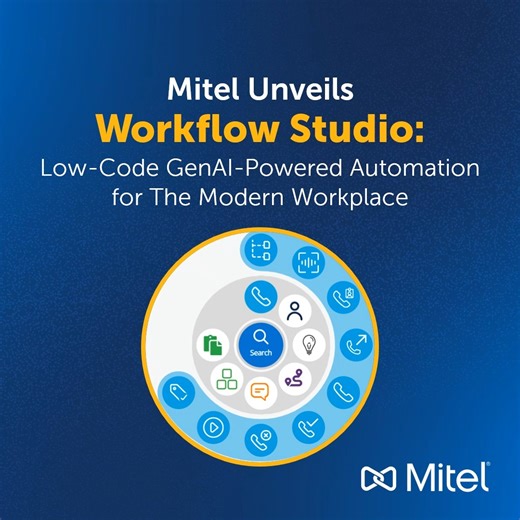 Announcing the global launch 🚀 of Mitel Workflow Studio, a low-code/no-code integration platform powered by #GenAI. Watch ⬇️ and read the press release for more information. 🔗: bit.ly/4p9BHPg | Mitel