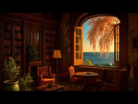 Ocean Library Jazz 🎹🌊 1 Hr Relaxing Piano & Waves Ambience | Cherry Blossoms | Sleep, Study, Relax