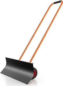 Goplus 30" Snow Shovel with Wheels, Heavy-Duty Snow Plow Shovel w/Ergonomic Adjustable Angle Height for Snow Removal Clear, Wheeled Rolling Snow Pusher for Driveway Garden Pavement (U-Shaped Handle)