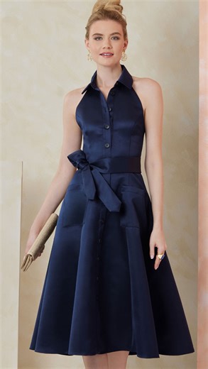 Your Sewing Pattern Destination on Instagram: "Here’s Vogue pattern #V2103. This is from the Summer collection. It’s a halter dress pattern in mini or midi length has collar, boning, front button opening and matching tie belt. View B has front patch pockets. Get it today at Simplicity.com! #voguepatterns #sewing #sewingpatterns #diyfashion #diystyle"