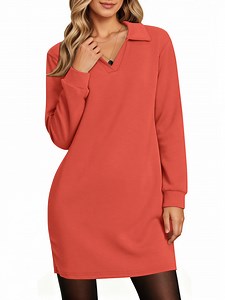 UVN Dresses for Women Long Sleeve Lapel Neck Dress Fall Casual Sweatshirt Dresses