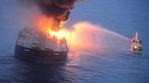 See the battle to stop fire consuming an oil tanker at sea