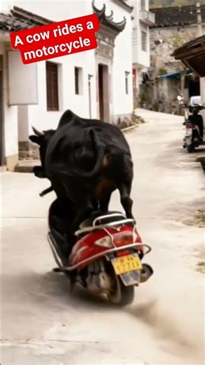 A cow rides a motorcycle