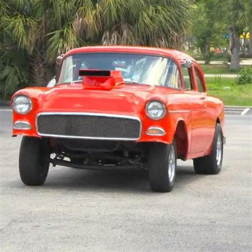 1955 Chevy Gasser HoleShot Burnout Classic Car Exhaust Sound Driving By at the Car Show Cruise In