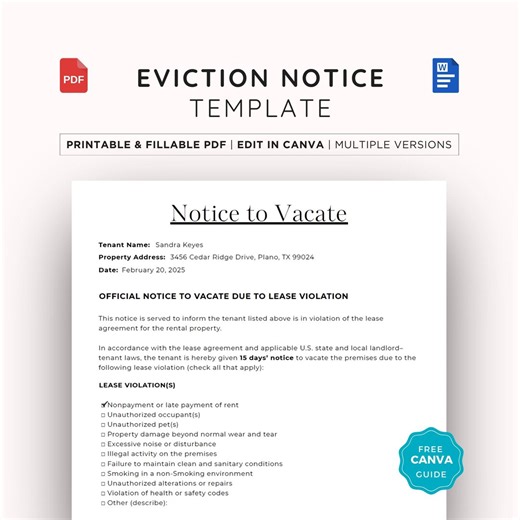 Eviction Notice for Rent, Editable Landlord Form, Notice to Vacate, Fillable PDF, Canva Template - Etsy