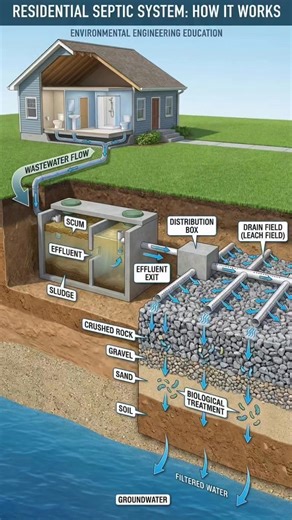 How a Septic System Works: From Household Wastewater to Clean Groundwater A septic system is a critical part of many rural and off-grid homes, quietly treating wastewater underground without the need for municipal sewer connections. The image illustrates how a conventional septic system functions step by step, showing how waste is safely broken down, filtered, and returned to the environment. Step 1: Wastewater Leaves the House All wastewater from sinks, toilets, showers, and appliances flows ou