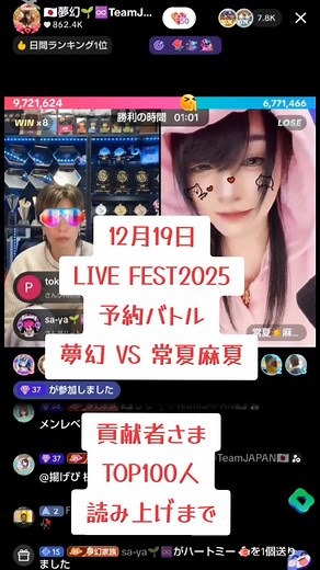 12月19日LIVE FEST2025 予約バトル 夢幻 VS 常夏麻夏 9,721,624 6,771,466 貢献者さまTOP100人読み上げまで ナイスバトルバトルでした👏👏👏 #夢幻 #常夏☀️麻夏 #LIVEFEST #予約バトル #バトル