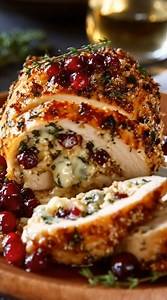 Cranberry Brie Stuffed Chicken 🍗🤤 Ingredients: • 4 boneless, skinless chicken breasts • 1 cup fresh cranberries • 8 ounces Brie cheese, rind removed and cut into pieces • 1/2 cup breadcrumbs • 1 tablespoon olive oil • Salt and pepper to taste • Fresh parsley for garnish Directions: 1. Preheat your oven to 375°F (190°C). 2. In a skillet, heat olive oil over medium heat. Add fresh cranberries and cook until they begin to soften, about 5 minutes. 3. Season the mixture with salt and pepper. 4. Tak