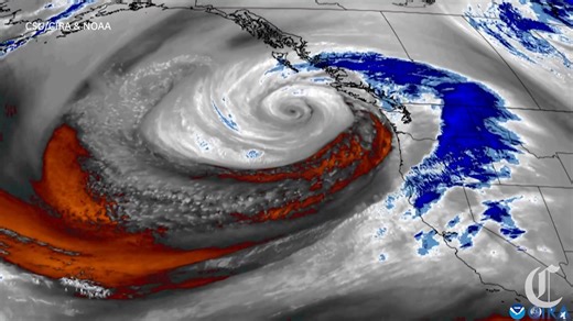Live storm updates: https://trib.al/shb9eNf Satellite imagery shows the bomb cyclone forming off the Pacific Northwest coast 📹: Courtesy CSU/CIRA & NOAA | San Francisco Chronicle