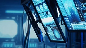 Futuristic spaceship control panel interface. Spacecraft digital dashboard background with indicators and tools. The concept of space exploration and science.