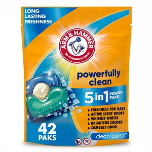 ARM & HAMMER Clean Burst 5-in-1 Laundry Detergent Power Paks, Powerfully Clean, Clean Burst Scent, 42 Count