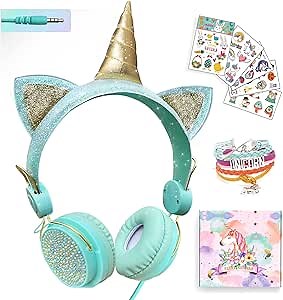 SVYHUOK Girls Pink Unicorn Wired Headphones,Cute Cat Ear Kids Game Headset for Boys Teens Tablet Laptop PC,Over Ear Children Headset withMic,for School Birthday Xmas Gifts