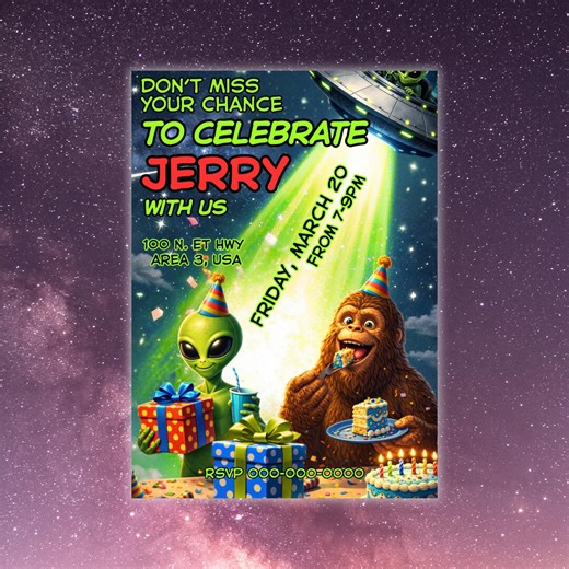 Alien and Bigfoot Birthday Invitation | Birthday Party - Etsy