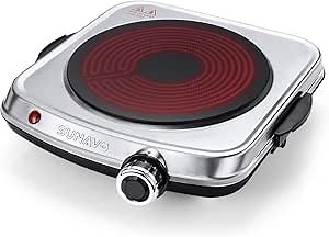 Electric Infrared Burner, 1200W Ceramic Glass Hot Plate, 6 Power Levels Stainless Steel Single Burner for Kitchen Camping RV and More Silver