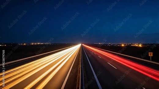 Long exposure night highway with light trails converging toward horizon, urban glow in distance — motion, speed, and modern infrastructure concept