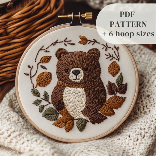 Cute Woodland Bear Hand Embroidery Pattern - Forest Animal Hoop Art PDF, Cozy Nursery Decor (digital Download) - Etsy