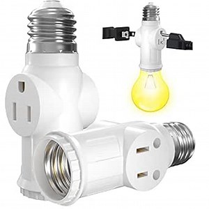 Bonlux 3 Prong Light Socket Adapter, UL FCC Listed Polarized Light Socket to Plug Adapter, E26 Base Light Bulb to 2/3 Prong Outlet Plug Splitter Converter for Garage Porch CCTV Camera (White, 2-Pack)
