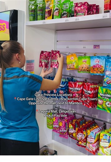 If you walked in right now… what would you grab first? 👀👇🍬 Come find out today ✨ Cake Princess Locations 💕 📍Cape Gate Lifestyle Centre (Brackenfell Cape Town) Opposite the mall, next to Mambos 📍Laguna Mall, Langebaan Pick n Pay side #snackshop #sweetshop #candyshop #viral #trending