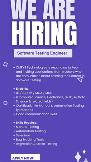 OMFYS Technologies Hiring Software Testing Engineer | Fresher Job | Manual & Automation Testing
