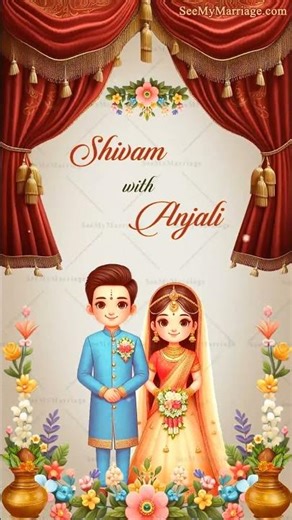 Floral Fantasy Wedding Invitation Video Cute Cartoon Couple Theme Red Curtain #weddinginvitation