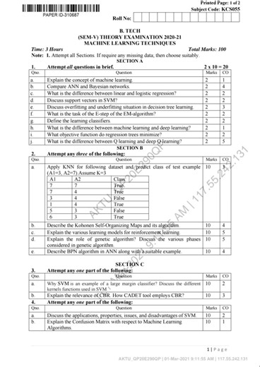 Machine learning techniques 2020-21 question paper BTech| 3rd year|Aktu|song| Gateway|