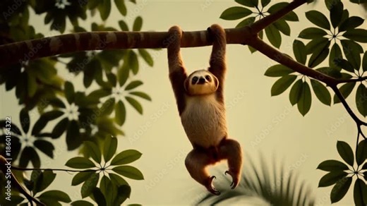sloth hanging upside down from a thick tree branch high in the jungle canopy. The sloth reaches slowly for a leaf, misses by a few centimeters, and gradually slides down the branch inch by inch. video