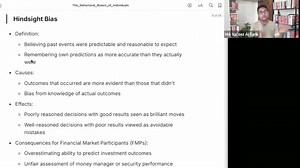 🧠 Understanding Hindsight Bias: When the Past Seems Crystal Clear 🔮 Ever felt like you "knew it all along"? That's hindsight bias at work! Key points about hindsight bias: - 📊 It can lead us to overestimate our ability to predict investment outcomes - 🤔 It makes us view good results from poor decisions as brilliant moves - 📝 To combat it, record your decisions and reasons in real-time #HindsightBias #DecisionMaking #FinancialLiteracy #CFA #Portfolio Management | Professional Finance Studies