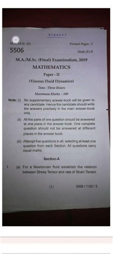 PDUSU M.Sc. maths final year 2019 viscous fluid dynamics question paper