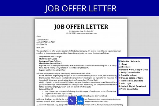 Job Offer Letter Template: Editable Employee Contract (MS Word, Google Docs Digital Download) - Etsy