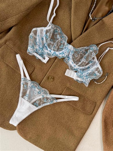 Blue Lace Underwear Set, Bridal Blue Lingerie Set, Something Blue, White Lace Underwear, Floral Lace Lingerie Set, White Bride Underwear - Etsy UK