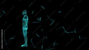 Background with animation of abstract interface. Human body, head, hands, Human Anatomy. Human Avatar on Virtual 3D Holographic Projection