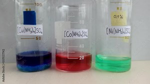 Chemical reactions for the preparation of complex ammonia compounds of copper, cobalt and nickel in beakers.