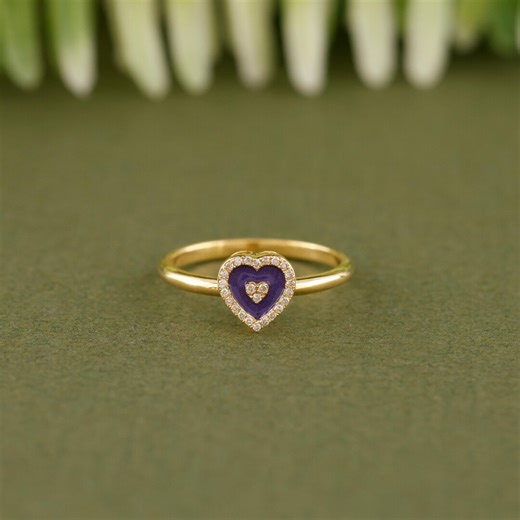 Purple Enamel Heart Ring | Valentine Natural Diamond Ring | Romantic Gift for Her | Gold Jewelry - Etsy