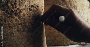 Super slow motion macro of artisan cheesemaker controls seasoning quality of traditional gorgonzola cheese made from bio milk on shelves of warehouse at cheese production creamery dairy factory.
