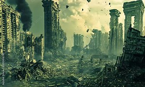 Post-apocalyptic city ruins with crumbling buildings with ai generated.