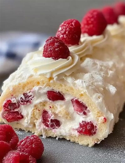 Raspberry Meringue Roulade A delicate, cloud-like meringue roll filled with whipped cream and juicy raspberries, finished with extra cream and a sprinkle of berries. Yield: 8–10 slices Temp: 325°F (160°C) Time: 20 min prep 25 min bake chill Key Ingredients First: 4 large egg whites, room temperature 220 g (1 cup) caster sugar 1 tsp cornstarch 1 tsp white vinegar (or lemon juice) 1 tsp vanilla extract 250 ml (1 cup) heavy cream, chilled 2 tbsp powdered sugar 1 tsp vanilla extract 200 g (1 ½ cups)