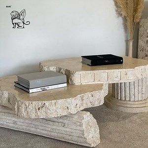 [Hot Item] Living Room Luxury Roman Column River Stone Table Beige Marble Side Coffee Table Factory Custom