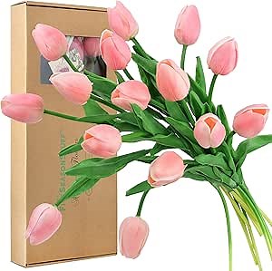 FiveSeasonStuff Real Touch Tulips Artificial Flowers – 15 Stems Faux Tulip Bouquet in Gift Box for Wedding, Home Decor, Party, Floral Arrangements (Amaranth Pink)