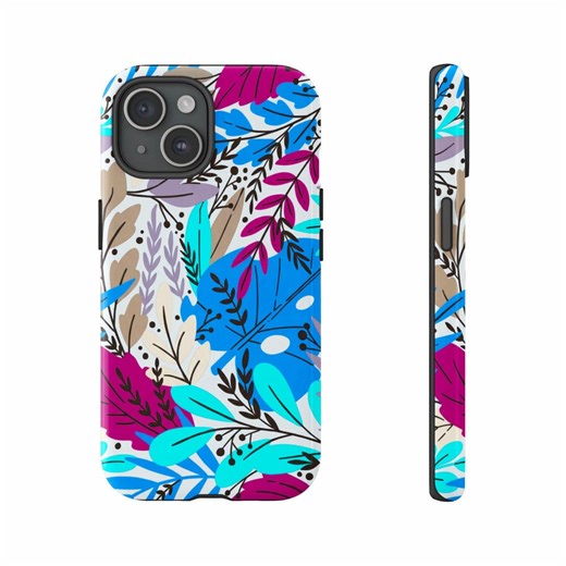Colorful Abstract Floral Phone Cases, Vibrant Botanical Leaf Pattern, Modern Artistic Magenta Blue Cyan Design, Aesthetic Nature Art - Etsy