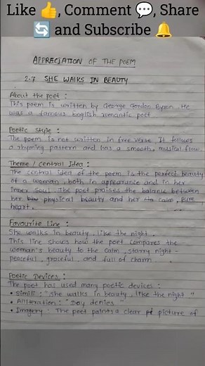 class 12th english appreciation of the poem 🔥| appreciation of she walks in beauty| Mh board| #exam|