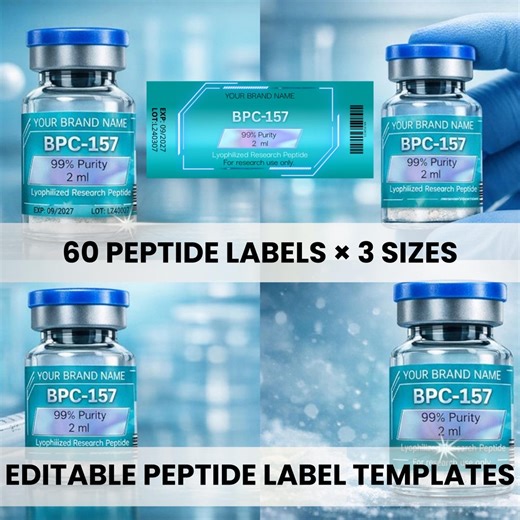 Peptide Labels – 60 Peptides in 3 Sizes, Editable Vial Template, Lab & Clinic Bottle Stickers, Canva Template, Digital Download - Etsy