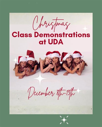 🎄December 8th-13th we are having Christmas demonstrations at UDA! Parents of dancers ages 2-12 in South Jordan and ages 3-6 in Draper are invited to come in and watch during the last 15 minutes of class. 🩰 For dancers taking a ballet pair, demonstrations will take place in their recital class and not in their technique class. ⭐️Teachers of Intermediate A, B, C, or Advanced classes will be emailing parents if a demonstration will be taking place. 🤩 Plan to visit your dancer's class this week a