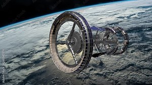 Sci Fi International Space Station ISS spaceship revolving over earths atmosphere. Space Station Orbiting Earth. 3D Animation. Elements of this video furnished by NASA. Stock Video