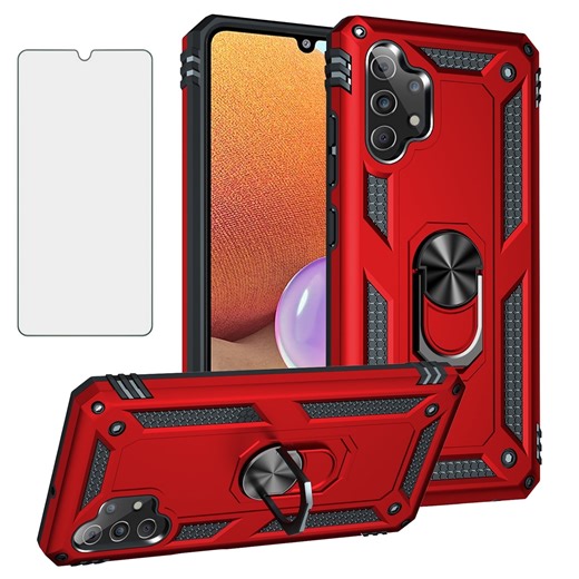 Asuwish Compatible with Samsung Galaxy A32 5G 2021 6.5 inch Phone Case Tempered Glass Screen Protector Slim Magnetic Ring Holder Stand Hybrid Protective Cell Cover for M32 G5 A 32 32A Women Men Red